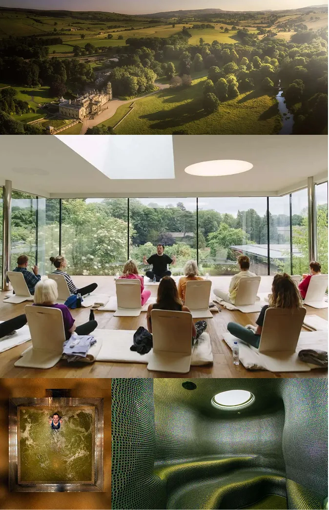 Aerial view of Broughton Sanctuary, a guided meditation session, and its pool and sauna spaces